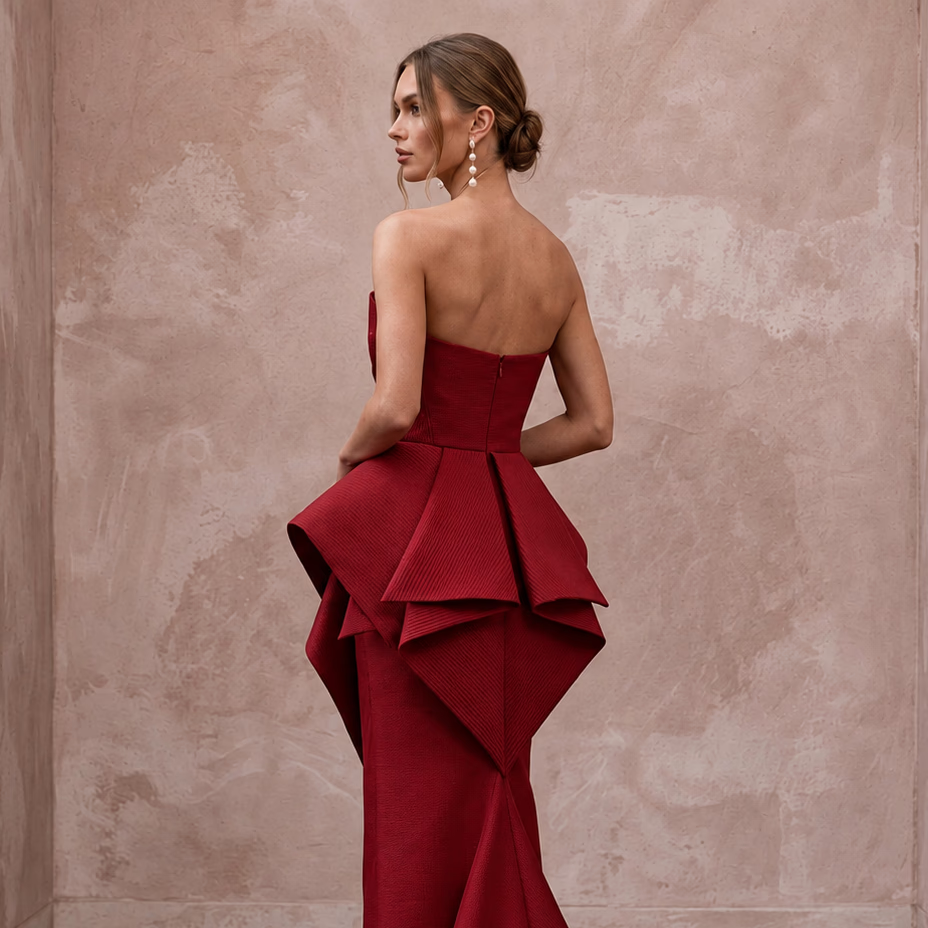 Deep Red Sculptural Faille Peplum Bodice Evening Gown
