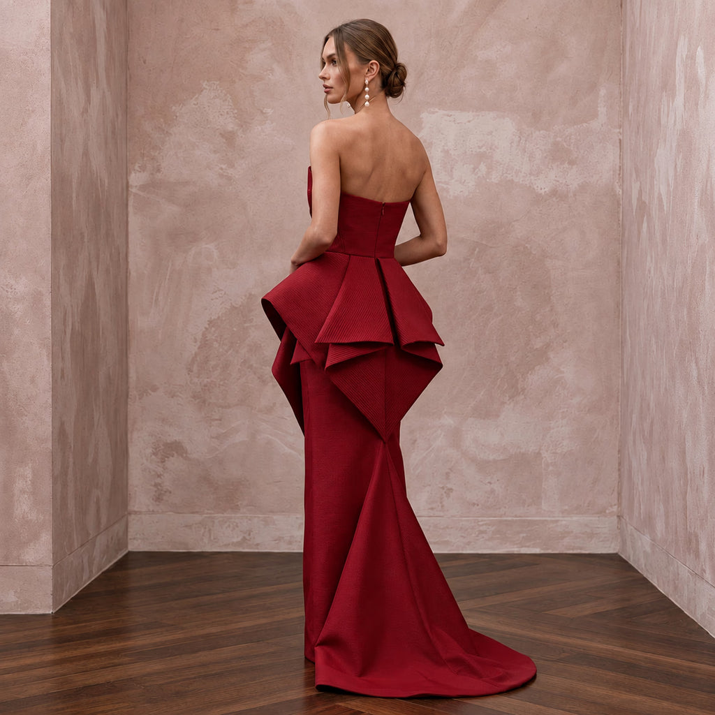 Deep Red Sculptural Faille Peplum Bodice Evening Gown
