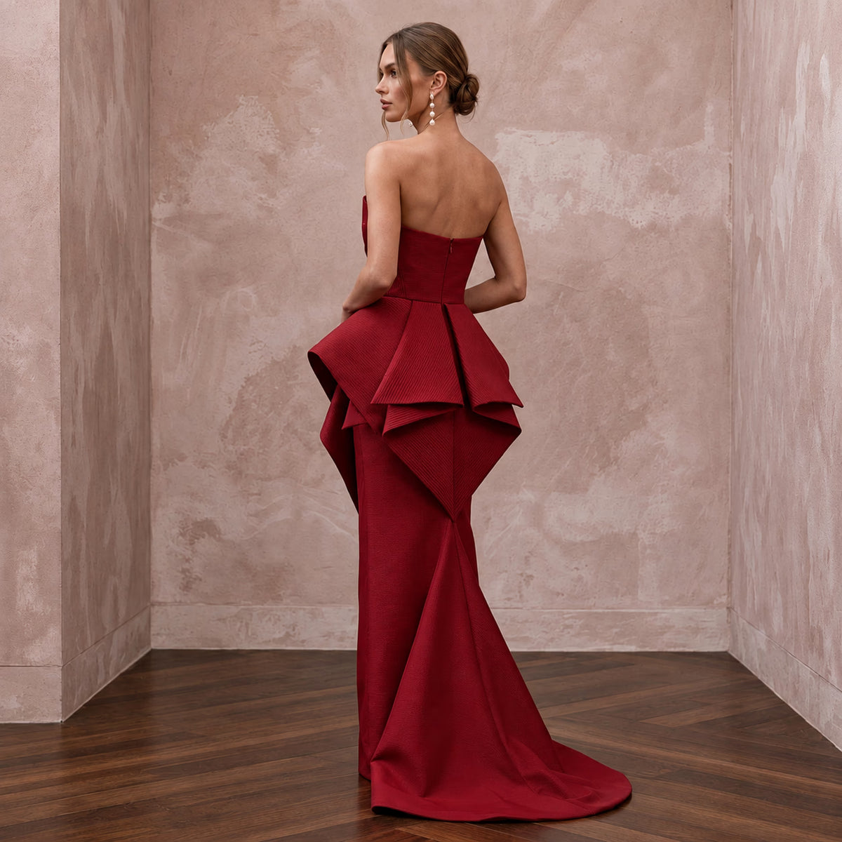 Deep Red Sculptural Faille Peplum Bodice Evening Gown