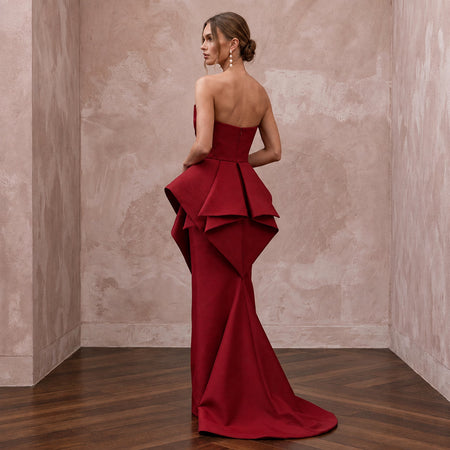 Deep Red Sculptural Faille Peplum Bodice Evening Gown