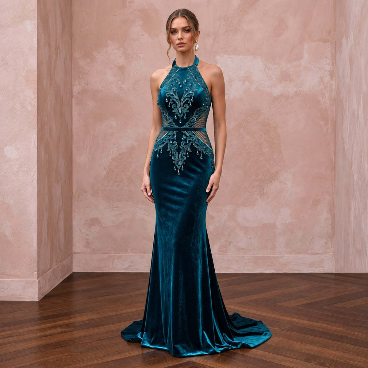 Deep Teal Velvet Halter Neck Cutout Back Evening Gown Main image