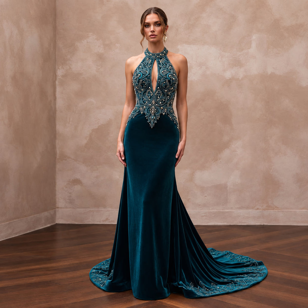 Deep Teal Velvet Halter Neck Cutout Back Evening Gown Main image