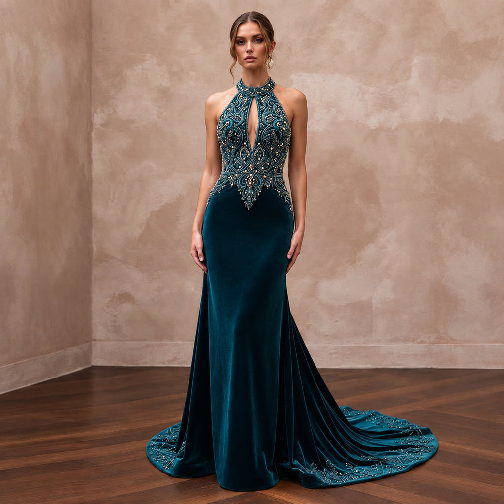 Deep Teal Velvet Halter Neck Cutout Back Evening Gown