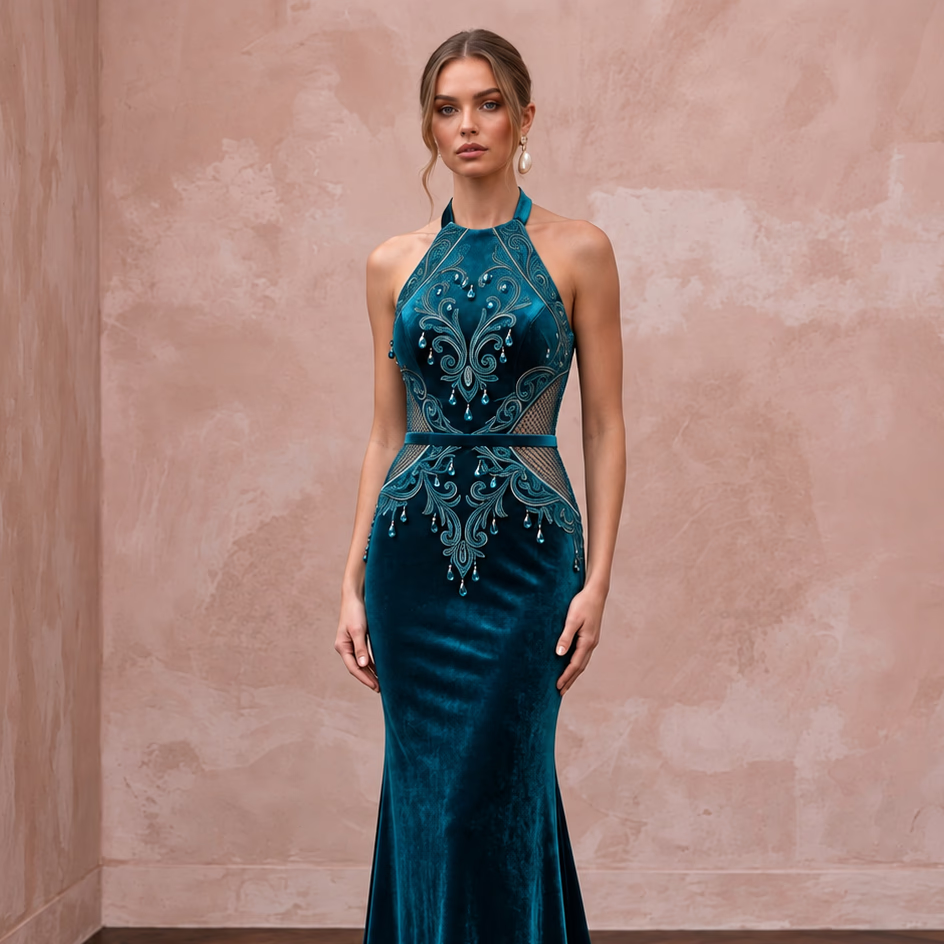 Deep Teal Velvet Halter Neck Cutout Back Evening Gown