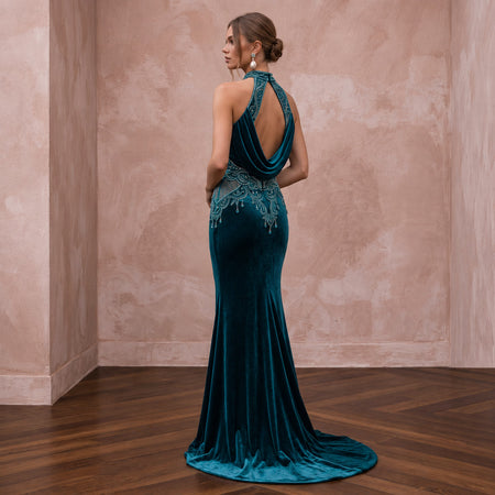 Deep Teal Velvet Halter Neck Cutout Back Evening Gown