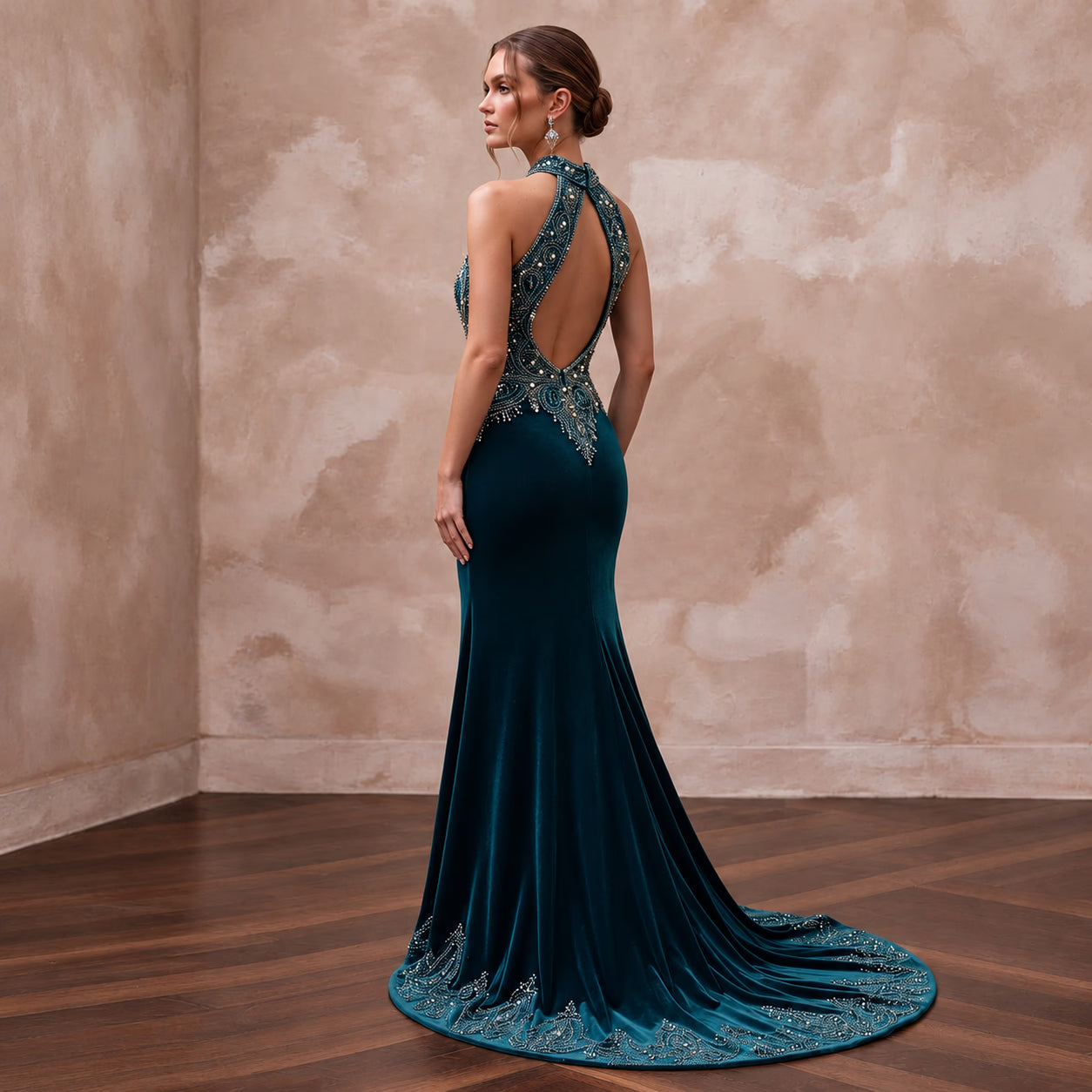 Deep Teal Velvet Halter Neck Cutout Back Evening Gown Secondary image