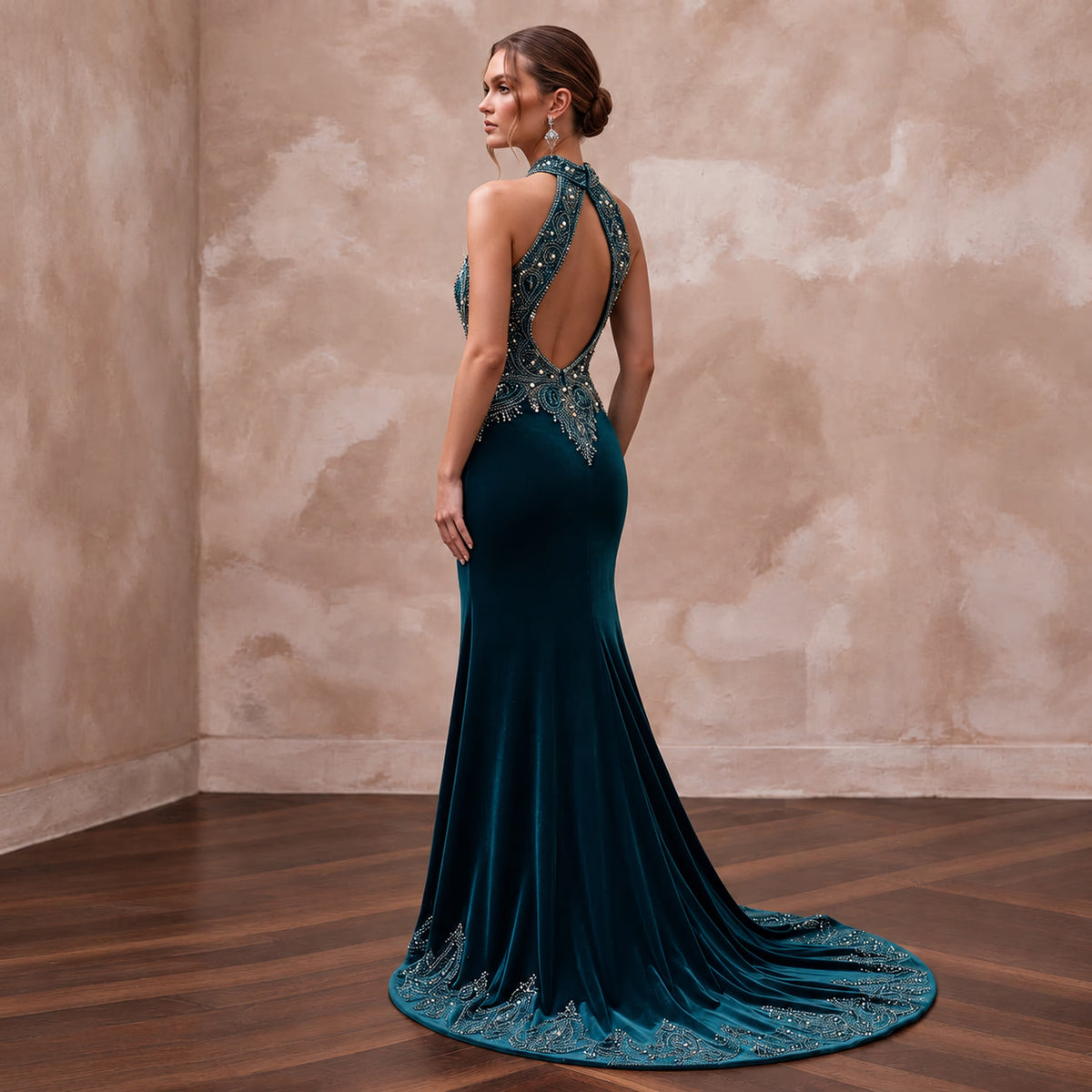 Deep Teal Velvet Halter Neck Cutout Back Evening Gown