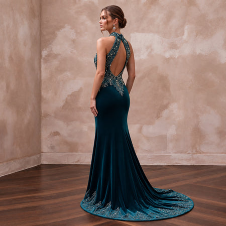 Deep Teal Velvet Halter Neck Cutout Back Evening Gown