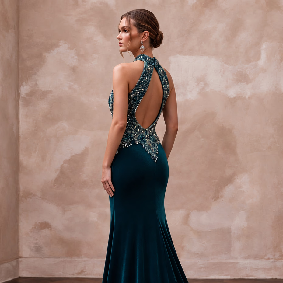 Deep Teal Velvet Halter Neck Cutout Back Evening Gown