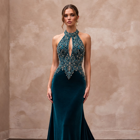 Deep Teal Velvet Halter Neck Cutout Back Evening Gown