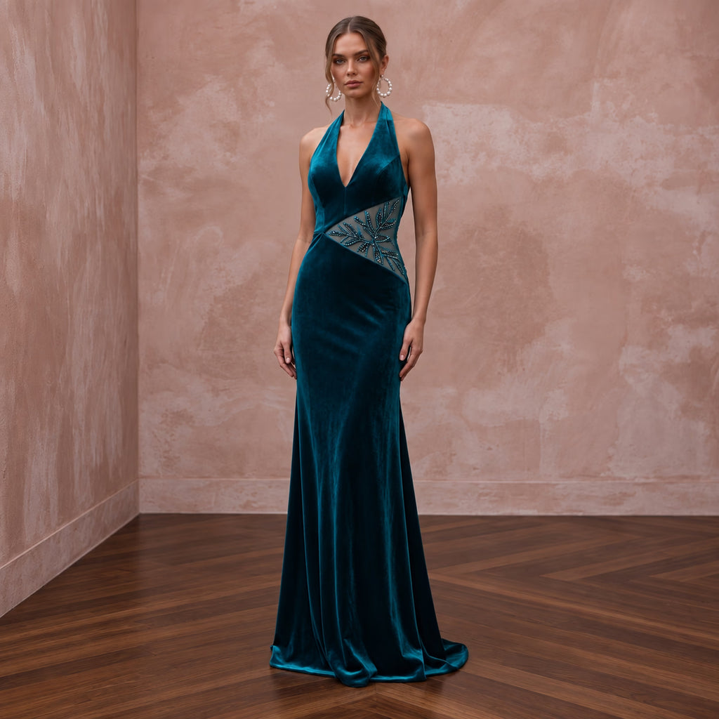 Deep Teal Velvet Halter Neck Cutout Evening Gown