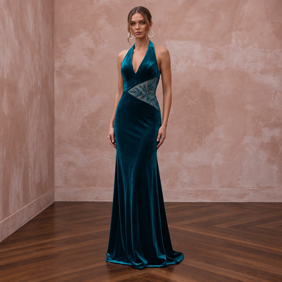 Deep Teal Velvet Halter Neck Cutout Evening Gown