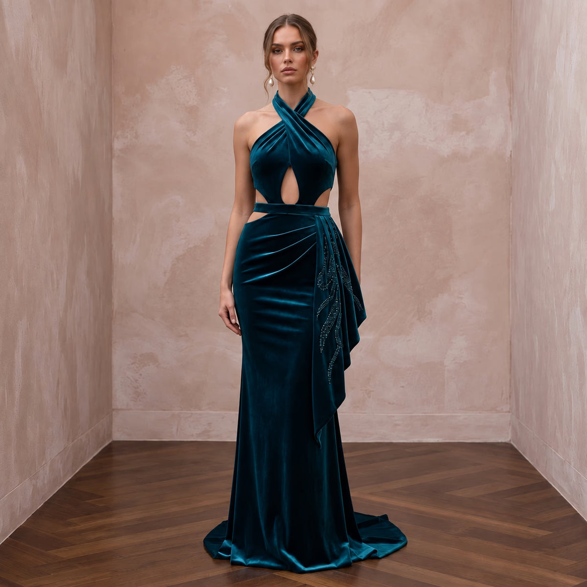Deep Teal Velvet Halter Neck Cutout Evening Gown - Apparel & Accessories > Clothing > Wedding & Bridal Party Dresses > Wedding Dresses - Mignonette Bridal