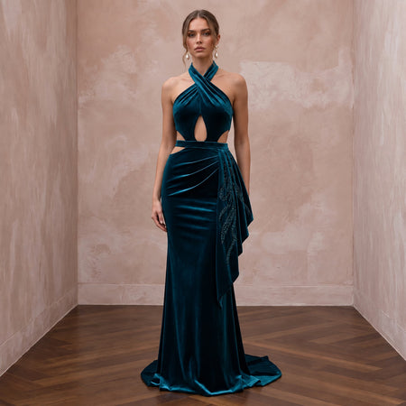 Deep Teal Velvet Halter Neck Cutout Evening Gown - Apparel & Accessories > Clothing > Wedding & Bridal Party Dresses > Wedding Dresses - Mignonette Bridal