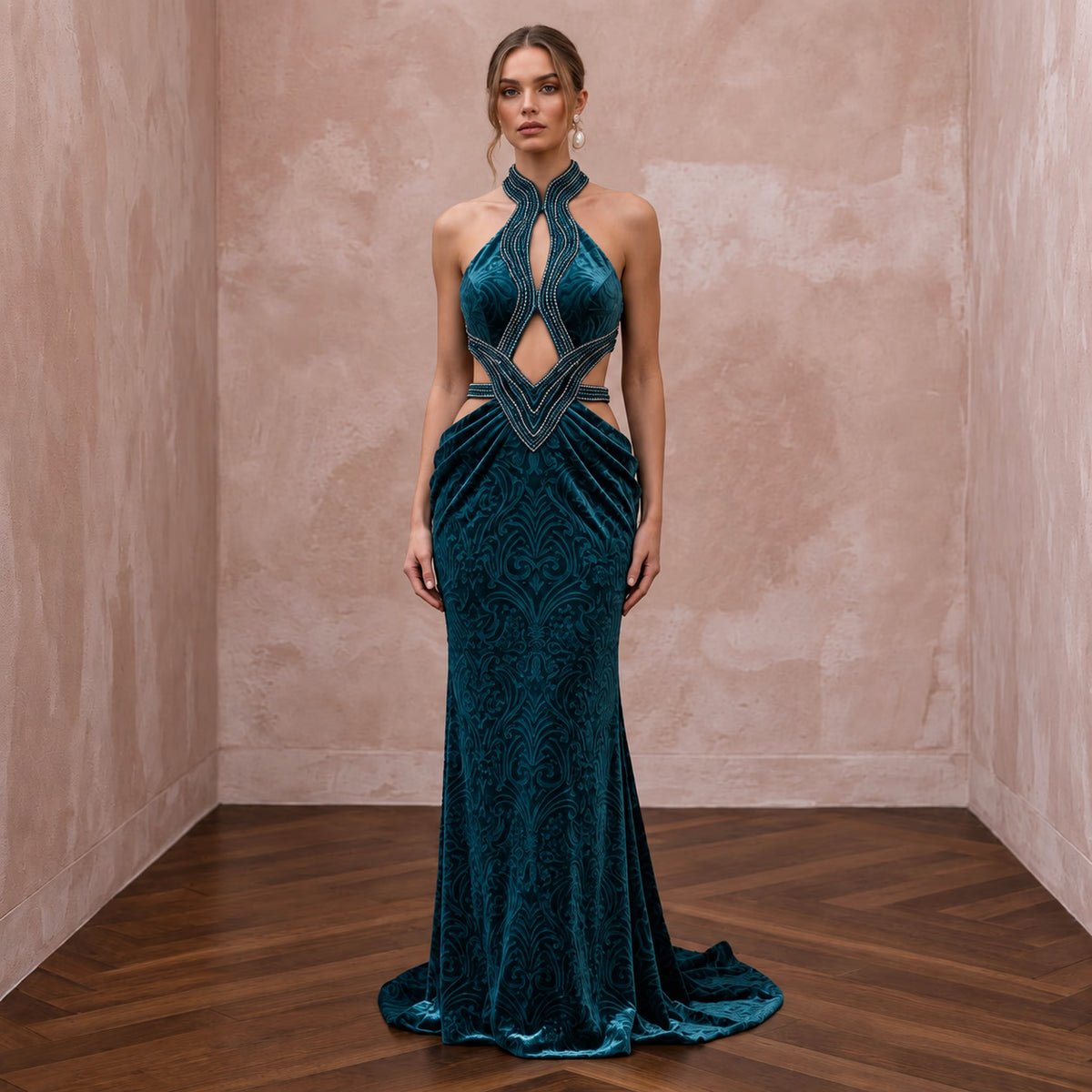 Deep Teal Velvet Halter Neck Cutout Evening Gown