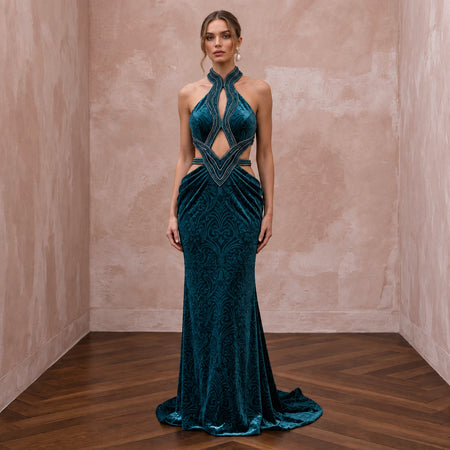 Deep Teal Velvet Halter Neck Cutout Evening Gown