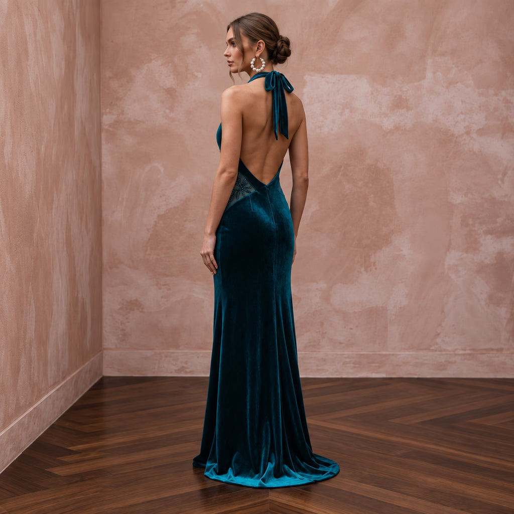 Deep Teal Velvet Halter Neck Cutout Evening Gown