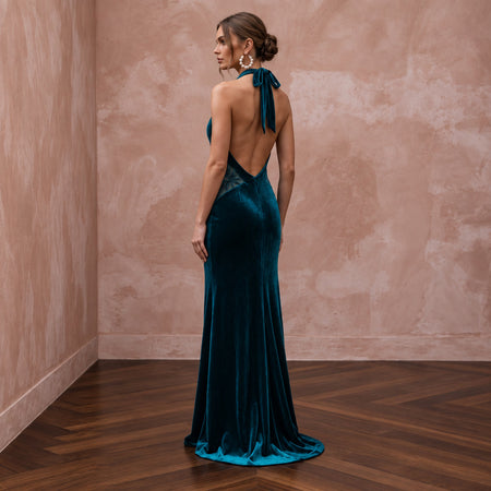 Deep Teal Velvet Halter Neck Cutout Evening Gown