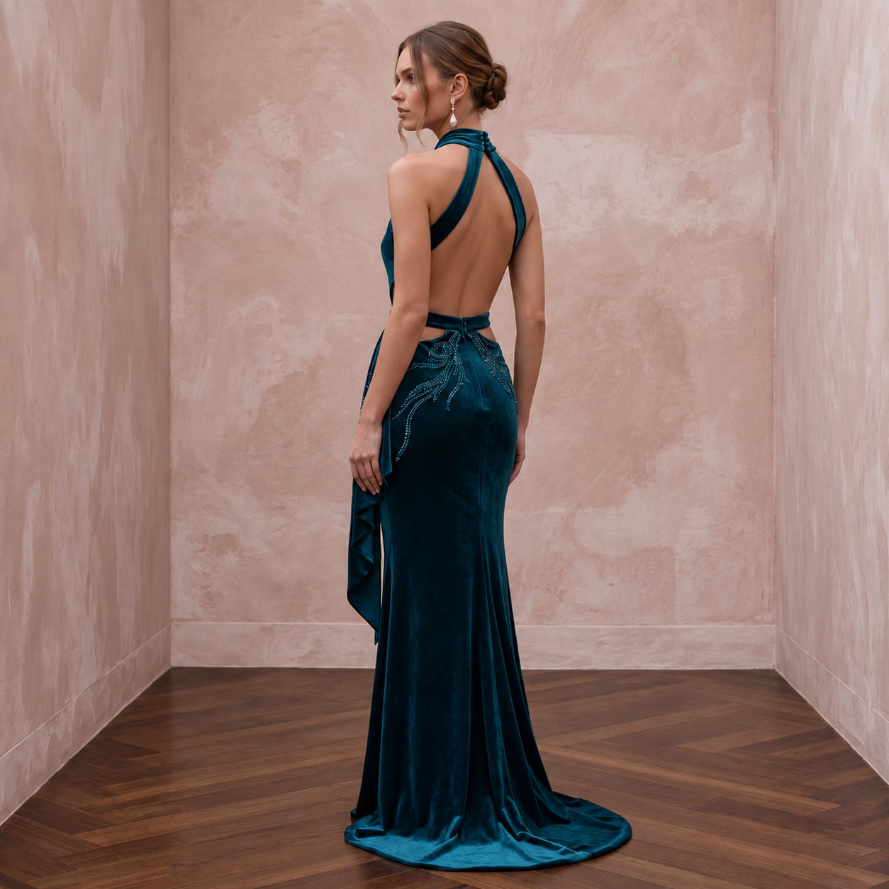 Deep Teal Velvet Halter Neck Cutout Evening Gown Secondary image