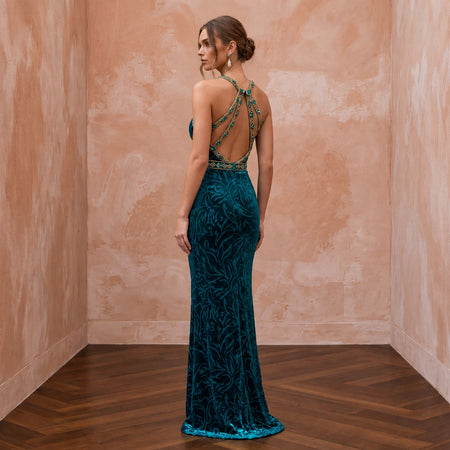 Deep Teal Velvet Halter Neck Cutout Evening Gown