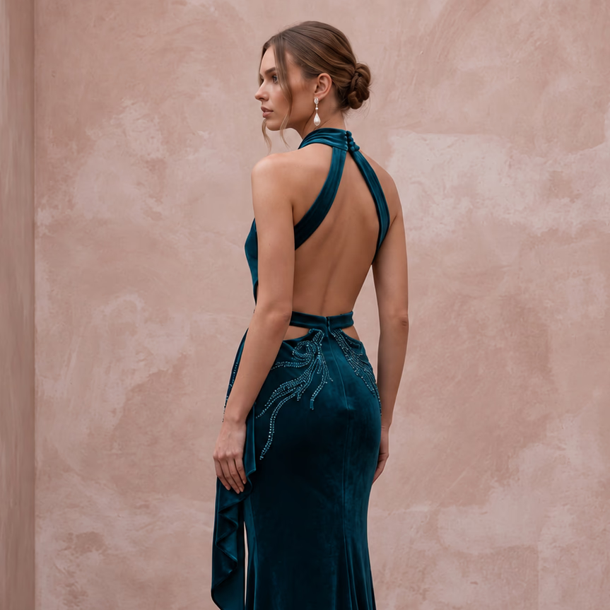 Deep Teal Velvet Halter Neck Cutout Evening Gown - Apparel & Accessories > Clothing > Wedding & Bridal Party Dresses > Wedding Dresses - Mignonette Bridal