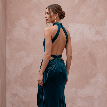 Deep Teal Velvet Halter Neck Cutout Evening Gown - Apparel & Accessories > Clothing > Wedding & Bridal Party Dresses > Wedding Dresses - Mignonette Bridal