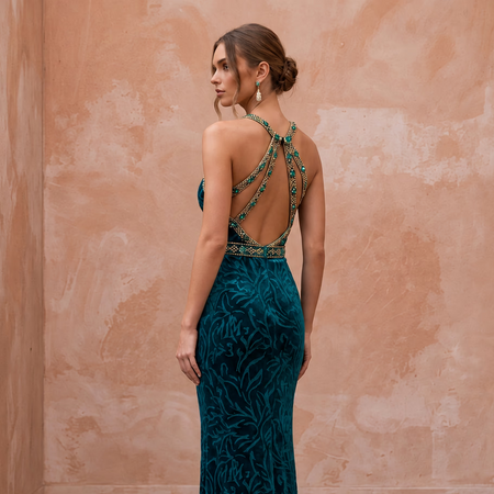 Deep Teal Velvet Halter Neck Cutout Evening Gown