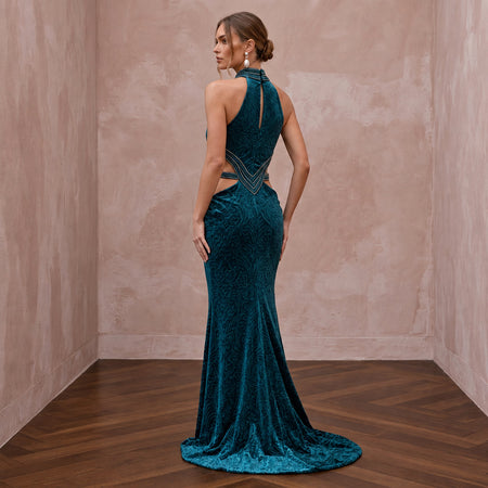 Deep Teal Velvet Halter Neck Cutout Evening Gown