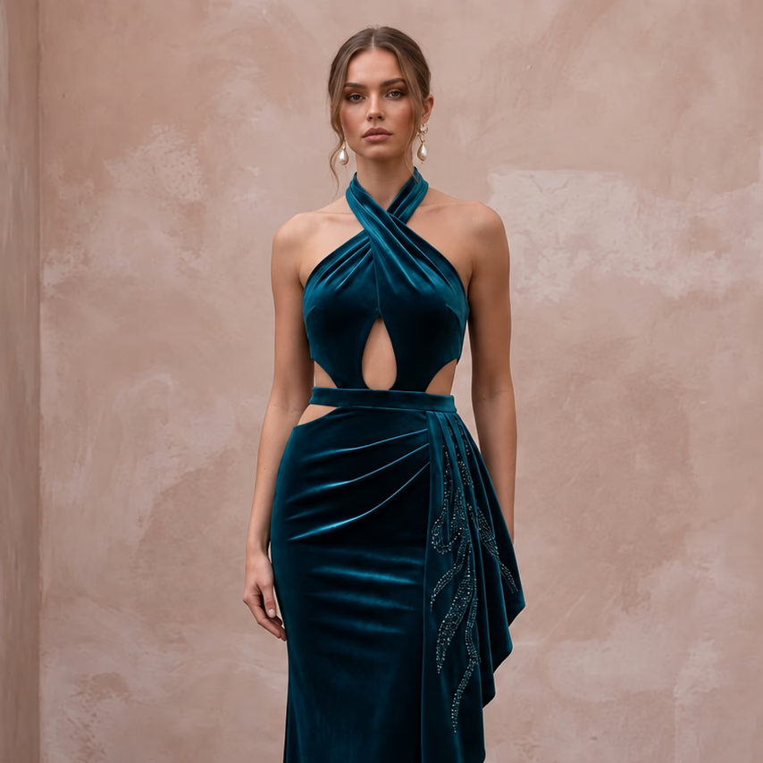 Deep Teal Velvet Halter Neck Cutout Evening Gown - Apparel & Accessories > Clothing > Wedding & Bridal Party Dresses > Wedding Dresses - Mignonette Bridal