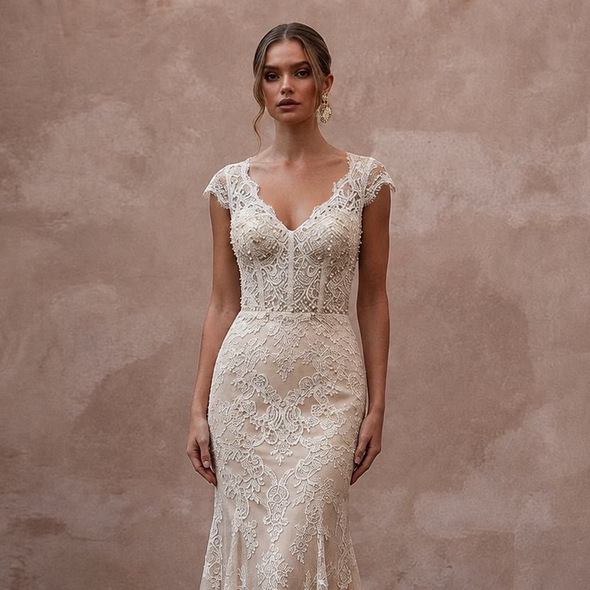 Delicate Champagne Lace Fit - and - Flare Wedding Gown for Post - Wedding Dinner - Apparel & Accessories > Clothing > Wedding & Bridal Party Dresses > Wedding Dresses - Mignonette Bridal