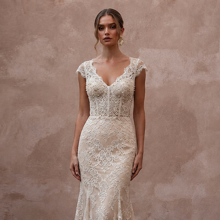 Delicate Champagne Lace Fit - and - Flare Wedding Gown for Post - Wedding Dinner - Apparel & Accessories > Clothing > Wedding & Bridal Party Dresses > Wedding Dresses - Mignonette Bridal