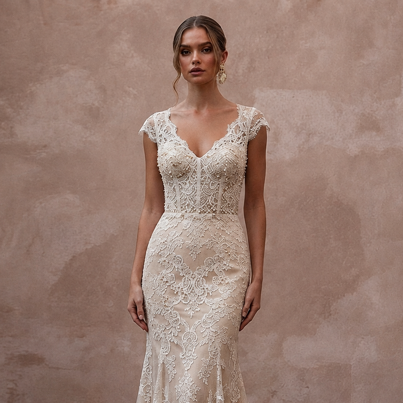 Delicate Champagne Lace Fit-and-Flare Wedding Gown for Post-Wedding Dinner