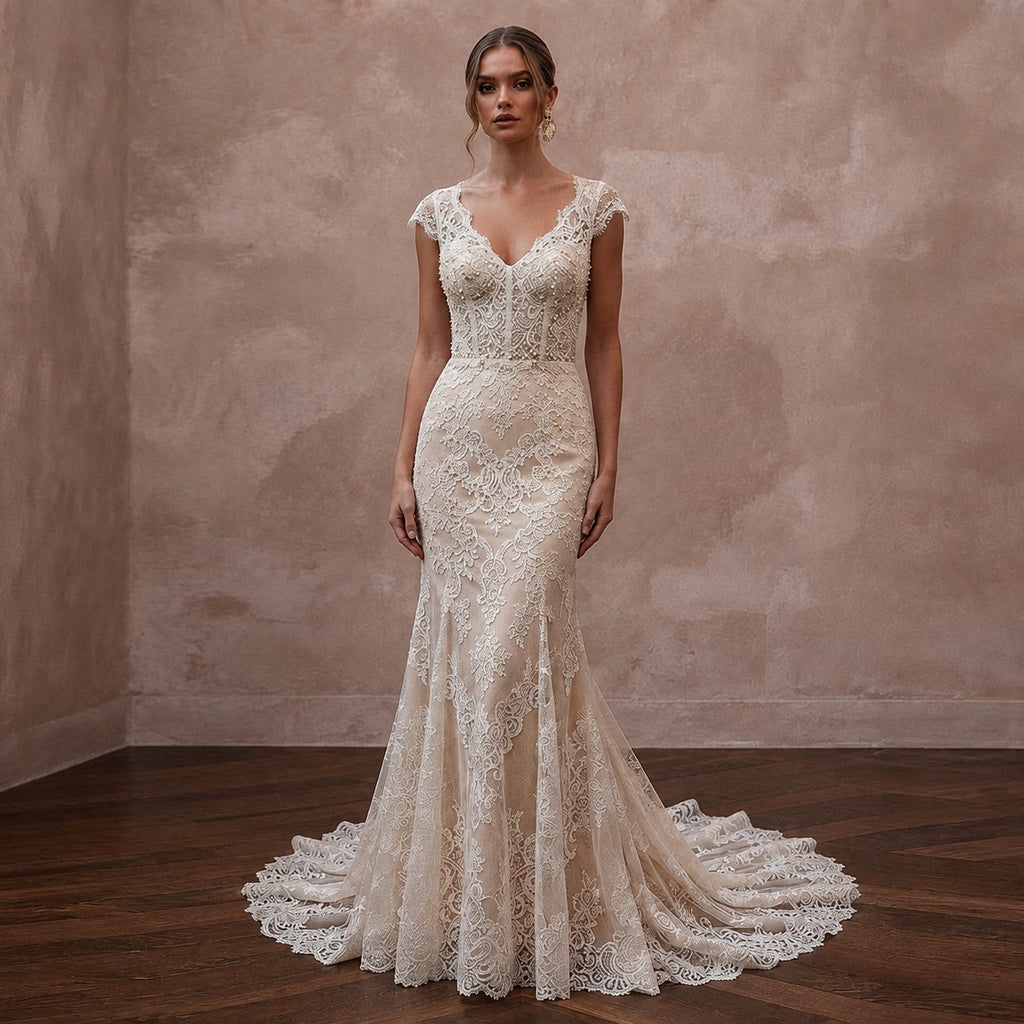 Delicate Champagne Lace Fit - and - Flare Wedding Gown for Post - Wedding Dinner - Apparel & Accessories > Clothing > Wedding & Bridal Party Dresses > Wedding Dresses - Mignonette Bridal
