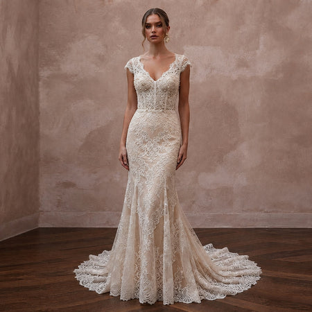Delicate Champagne Lace Fit - and - Flare Wedding Gown for Post - Wedding Dinner - Apparel & Accessories > Clothing > Wedding & Bridal Party Dresses > Wedding Dresses - Mignonette Bridal