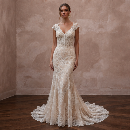 Delicate Champagne Lace Fit-and-Flare Wedding Gown for Post-Wedding Dinner