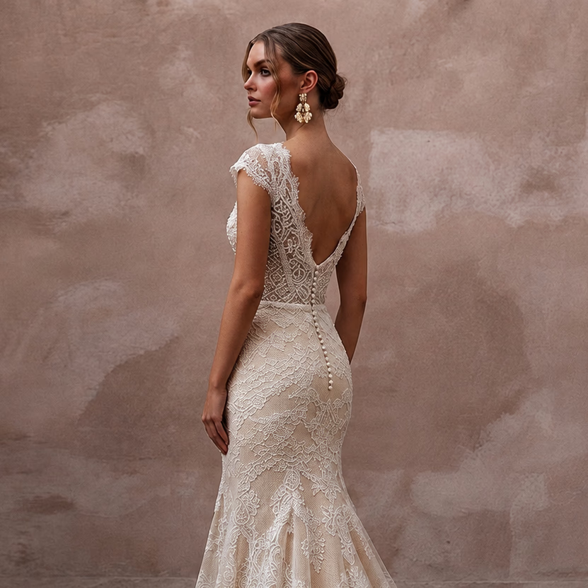Delicate Champagne Lace Fit - and - Flare Wedding Gown for Post - Wedding Dinner - Apparel & Accessories > Clothing > Wedding & Bridal Party Dresses > Wedding Dresses - Mignonette Bridal