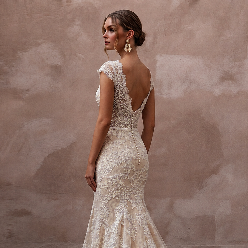 Delicate Champagne Lace Fit-and-Flare Wedding Gown for Post-Wedding Dinner