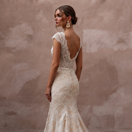 Delicate Champagne Lace Fit-and-Flare Wedding Gown for Post-Wedding Dinner