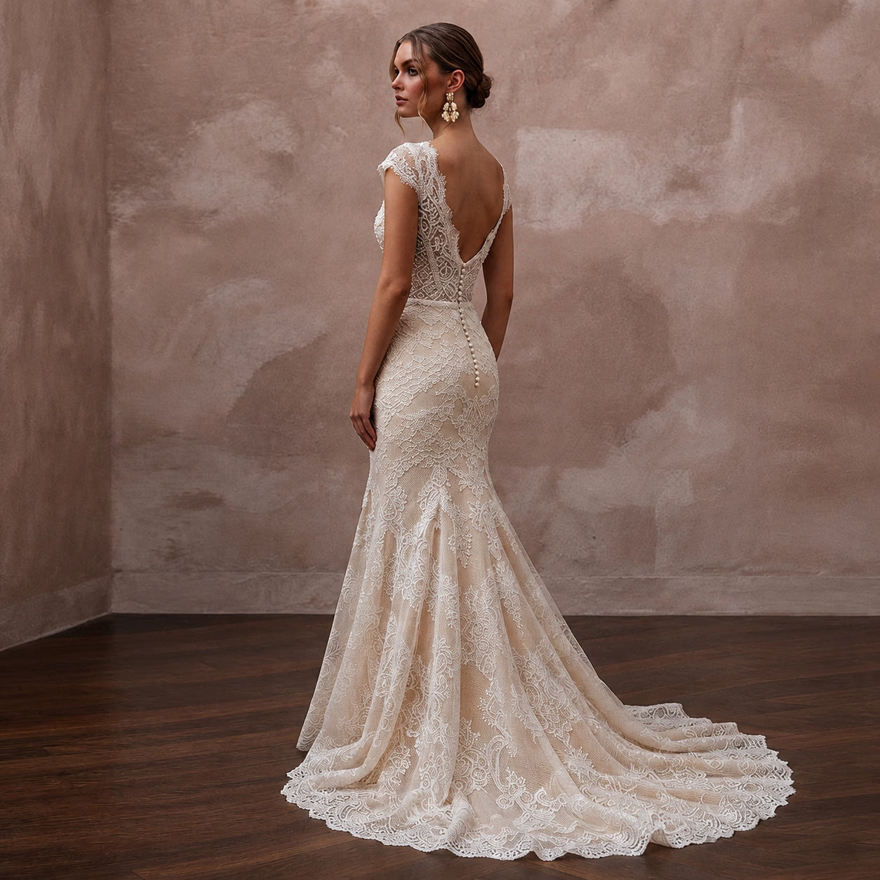 Delicate Champagne Lace Fit-and-Flare Wedding Gown for Post-Wedding Dinner Secondary image