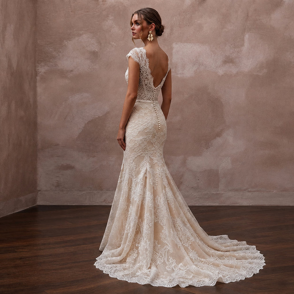 Delicate Champagne Lace Fit - and - Flare Wedding Gown for Post - Wedding Dinner - Apparel & Accessories > Clothing > Wedding & Bridal Party Dresses > Wedding Dresses - Mignonette Bridal