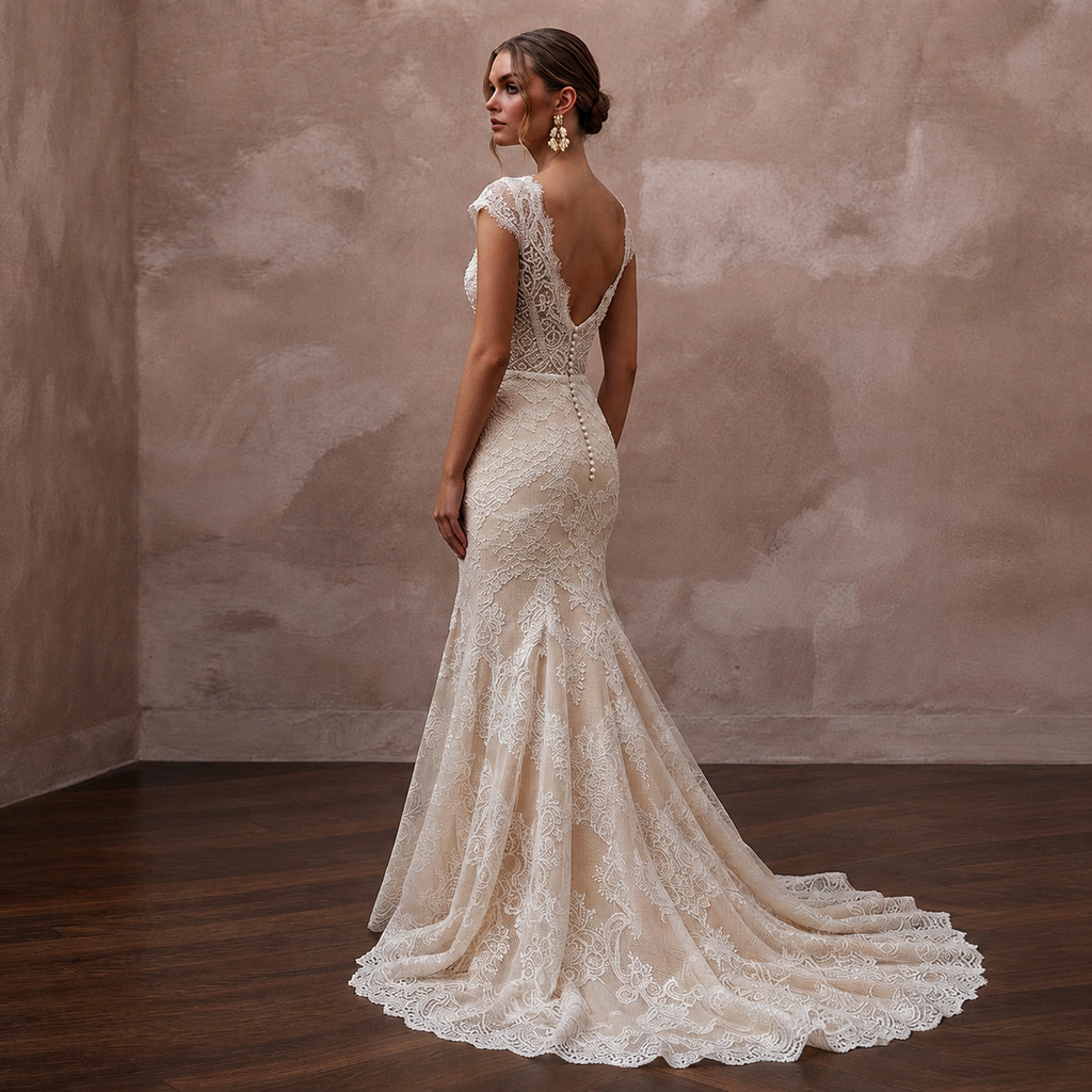 Delicate Champagne Lace Fit-and-Flare Wedding Gown for Post-Wedding Dinner