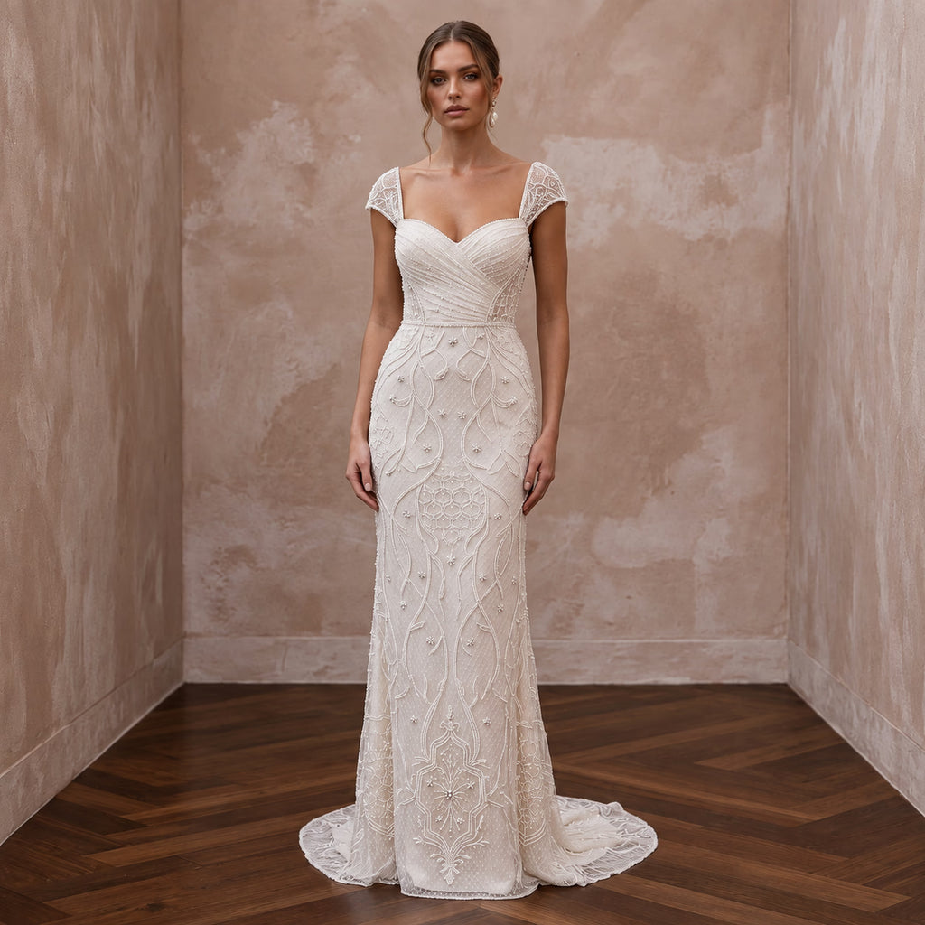 Delicate Ivory Embroidered Net Column Bridal Dress for Engagement Shoot