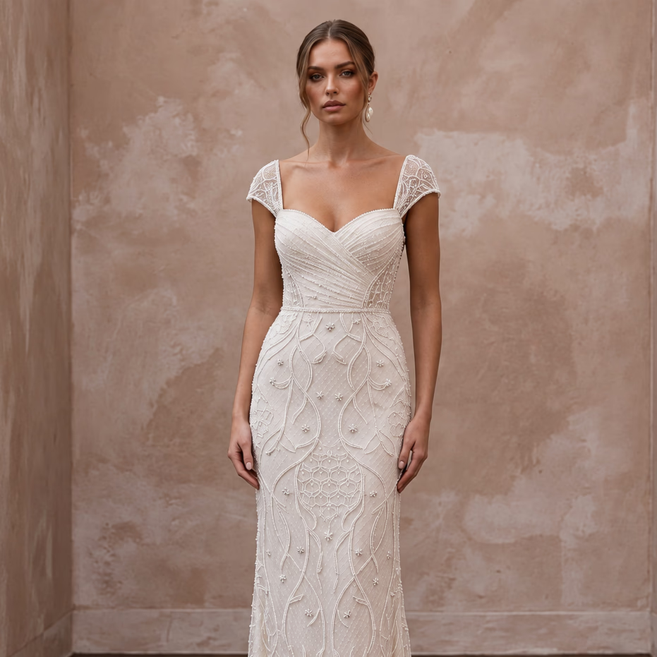 Delicate Ivory Embroidered Net Column Bridal Dress for Engagement Shoot