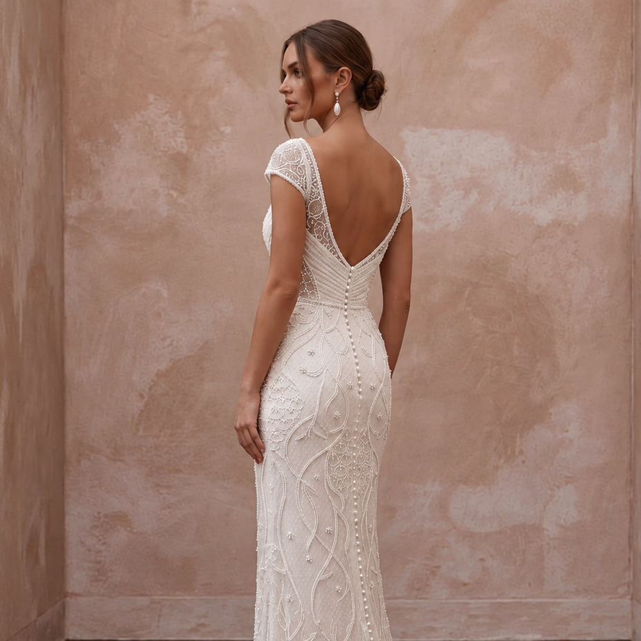 Delicate Ivory Embroidered Net Column Bridal Dress for Engagement Shoot