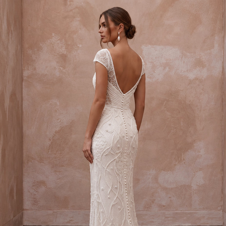 Delicate Ivory Embroidered Net Column Bridal Dress for Engagement Shoot