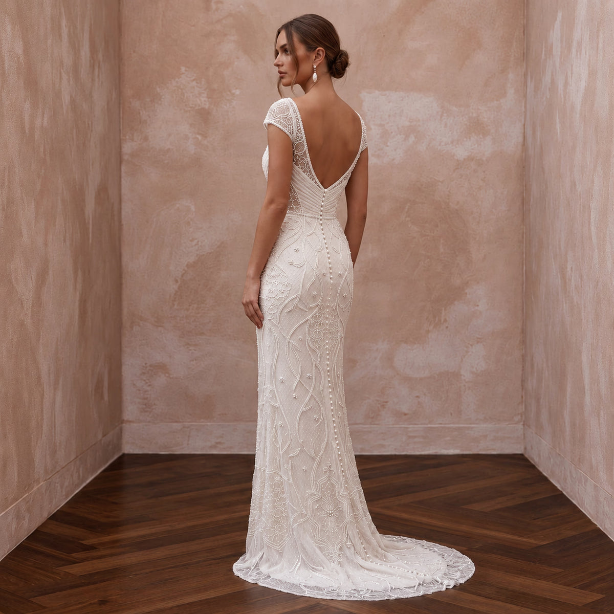 Delicate Ivory Embroidered Net Column Bridal Dress for Engagement Shoot