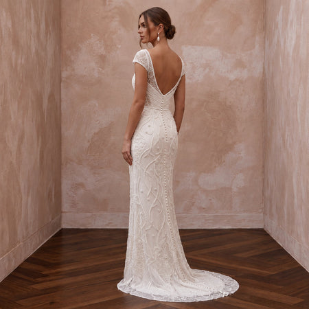 Delicate Ivory Embroidered Net Column Bridal Dress for Engagement Shoot