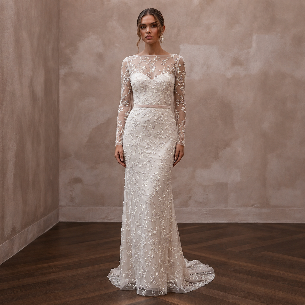Delicate Ivory Embroidered Net Column for Engagement Shoot