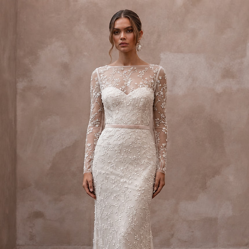 Delicate Ivory Embroidered Net Column for Engagement Shoot - Apparel & Accessories > Clothing > Wedding & Bridal Party Dresses > Wedding Dresses - Mignonette Bridal