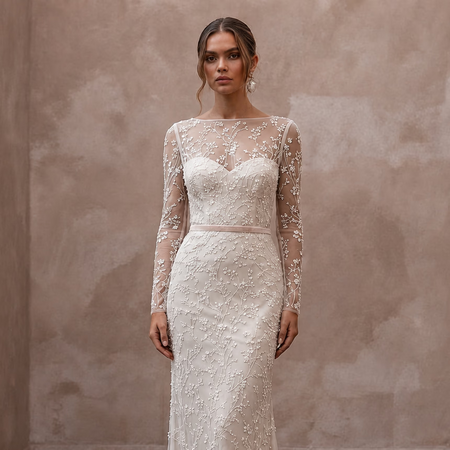 Delicate Ivory Embroidered Net Column for Engagement Shoot - Apparel & Accessories > Clothing > Wedding & Bridal Party Dresses > Wedding Dresses - Mignonette Bridal